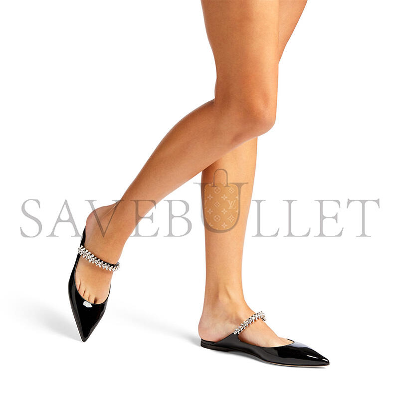 JIMMY CHOO BLACK PATENT LEATHER MULES WITH CRYSTAL STRAP BINGFLATPAT010003